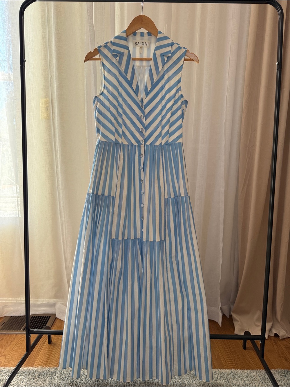 SALONI Blue and White Striped Sleeveless Maxi Dress